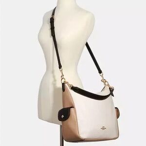 Coach Color Block White and Tan Hobo Bag with Pebbled Leather and Gold Hardware